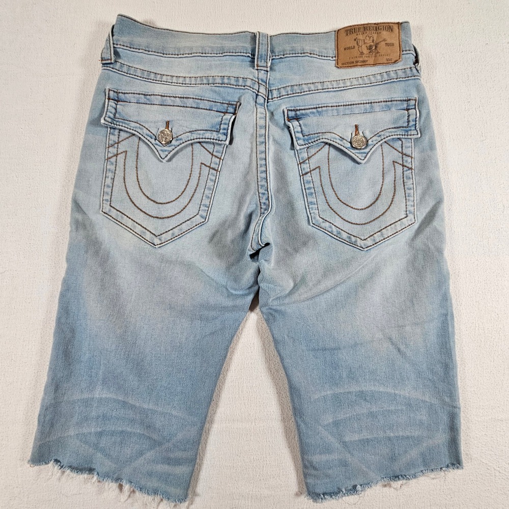 True Religion Denim Shorts‎ Mens 33 Light Blue Section Skinny Raw Hem Horseshoe